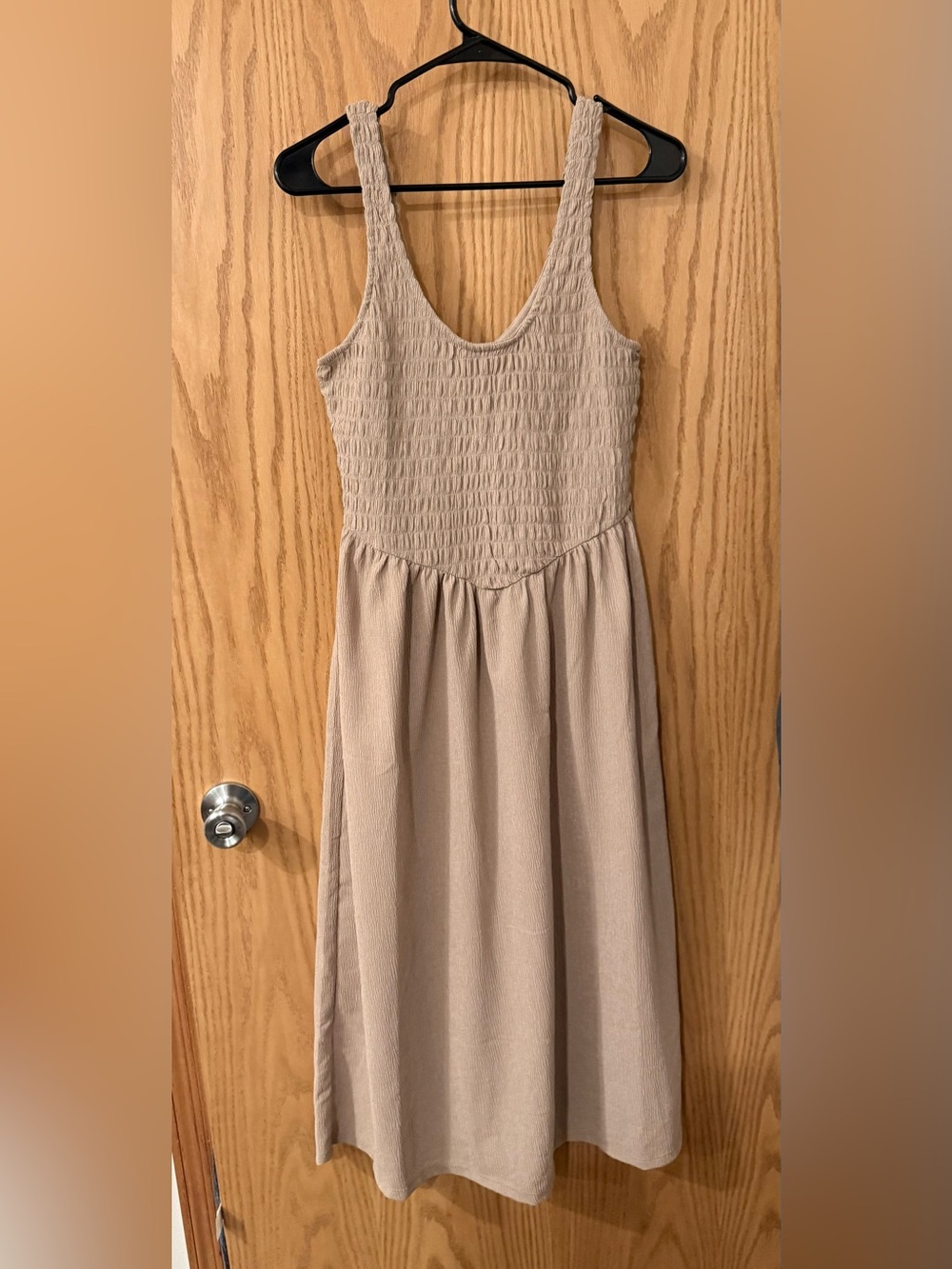 Sleeveless Smocked Bodice Midi Dress in Beige